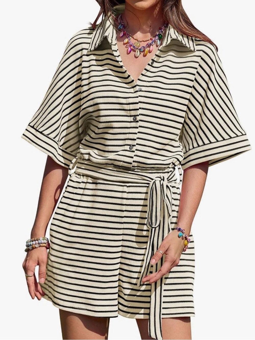 Amazon Cream and Black Striped Button-Front Romper